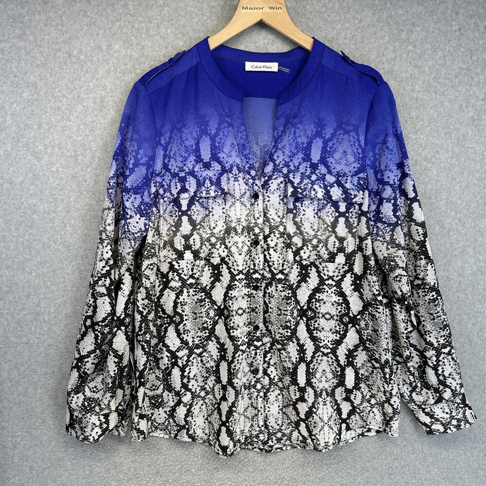 Calvin Klein Top Womens Medium Ombre Blue Snakeskin Shirt Roll Tab Sleeve